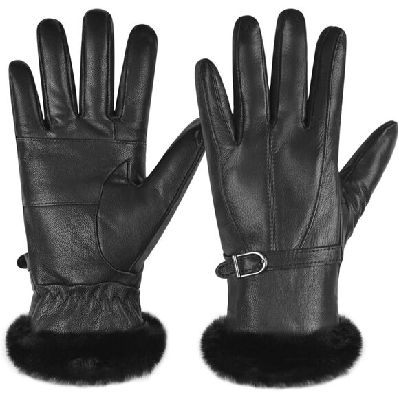 Harssidanzar Women's Black Winter Warm Lined With Fur Cuff Leather Gloves - Picture 1 of 5